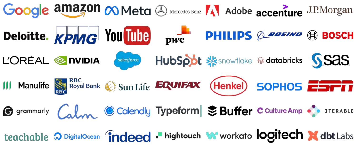 Logo wall of brands where subscribers work, including Google, Amazon, Meta, Adobe, Salesforce, Snowflake, Databricks and others.
