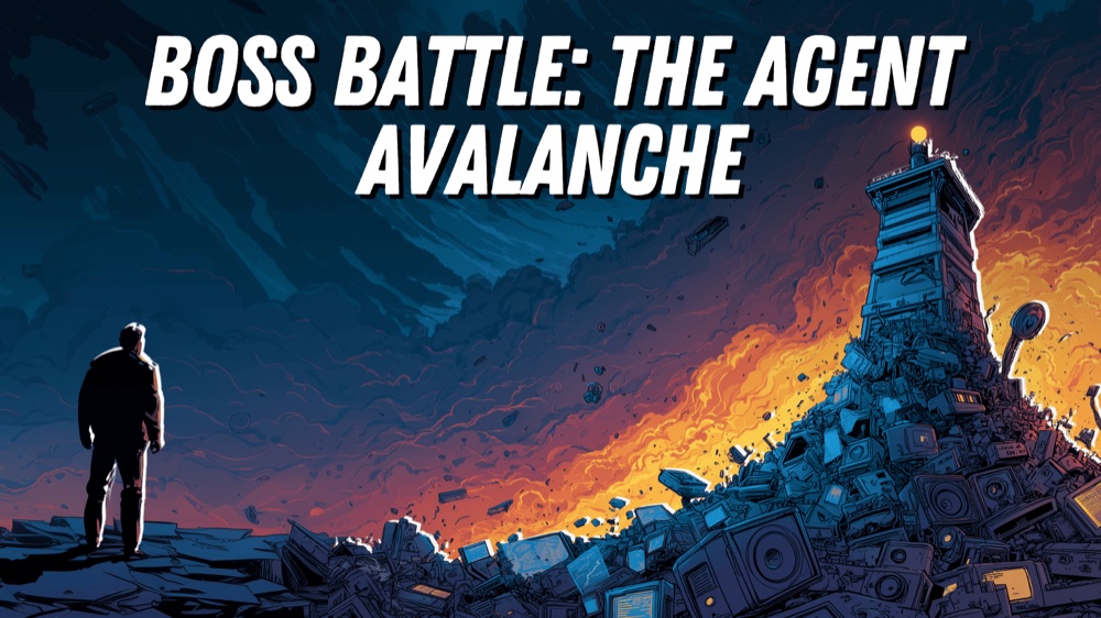 Boss battle: the agent avalanche, a figure facing a burning tower of collapsing devices