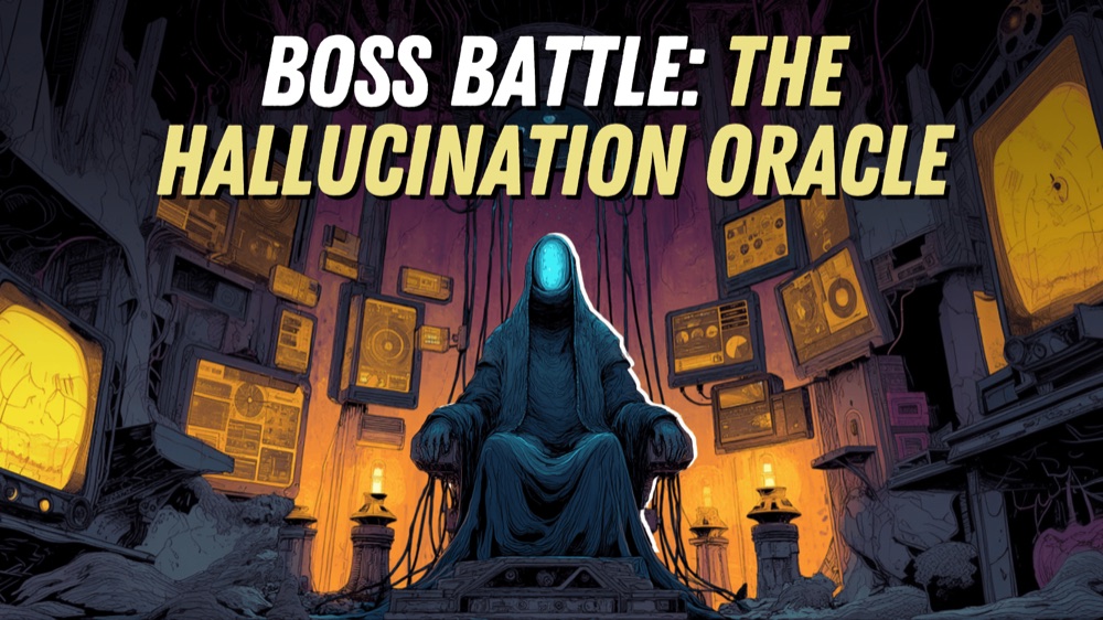 Boss battle: the hallucination oracle, a cloaked figure enthroned amid glowing dashboard screens