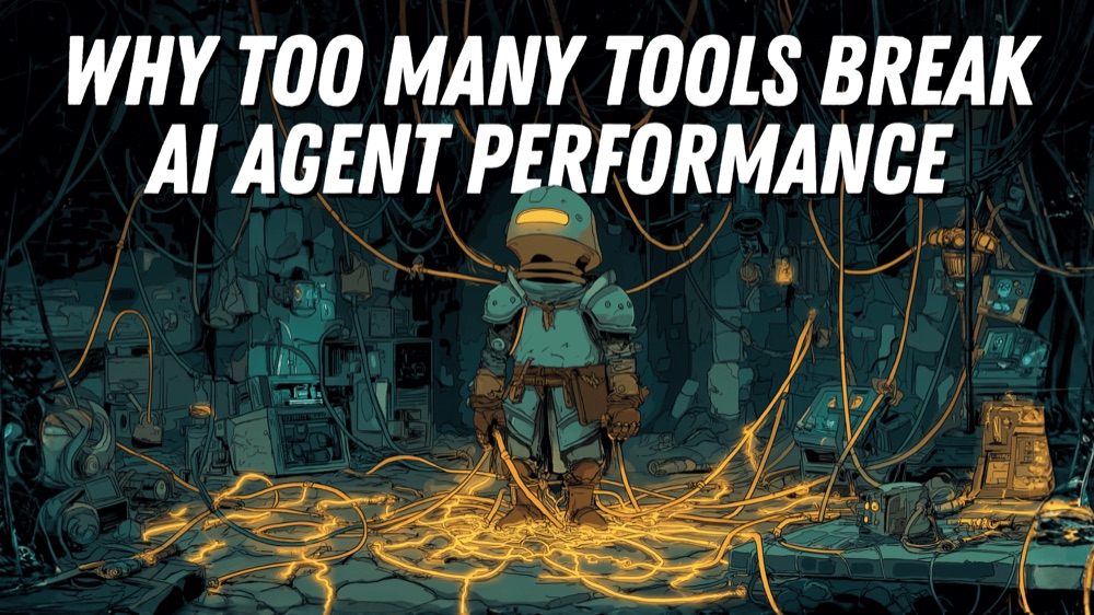 Why too many tools break AI agent performance, a robot adventurer tangled in glowing cables