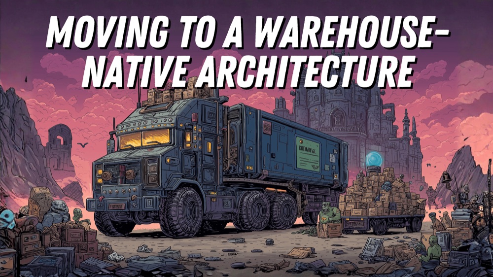 Moving to a warehouse-native architecture, an armored truck hauling data across a fantasy wasteland