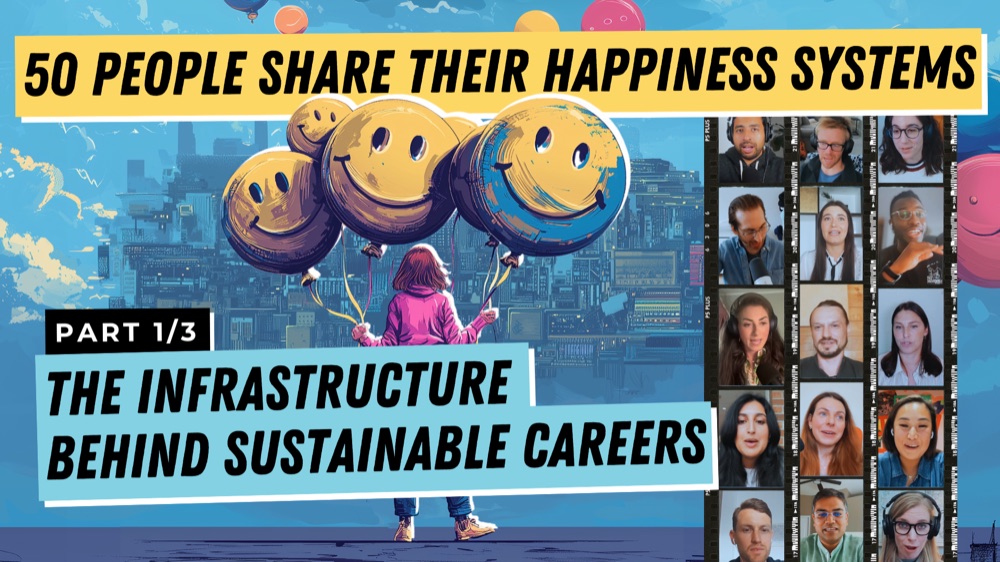 Cover art for 50 People Share Their Happiness Systems, part 1 of 3: The Infrastructure Behind Sustainable Careers, with a filmstrip of the 50 contributors