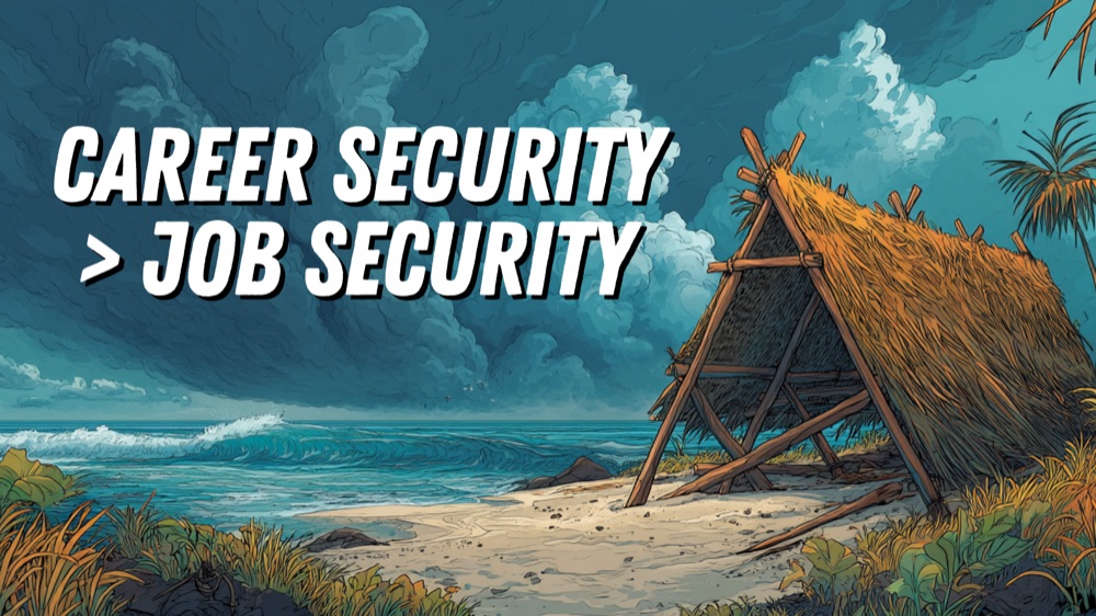 Career security greater than job security, a stormy beach with a battered thatched shelter